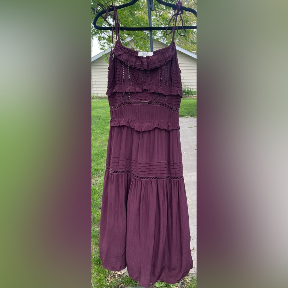 NWT Sea New York Maroon/Plum Poppy Pintuck Tassel Layered Midi Dress Sz 2 - Picture 4 of 15